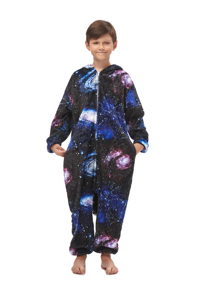 Pigiama pigiamone animale in flanella intero UNICORNO GALASSIA, pigiama invernale, costume carnevale cosplay unisex adulto bimbo