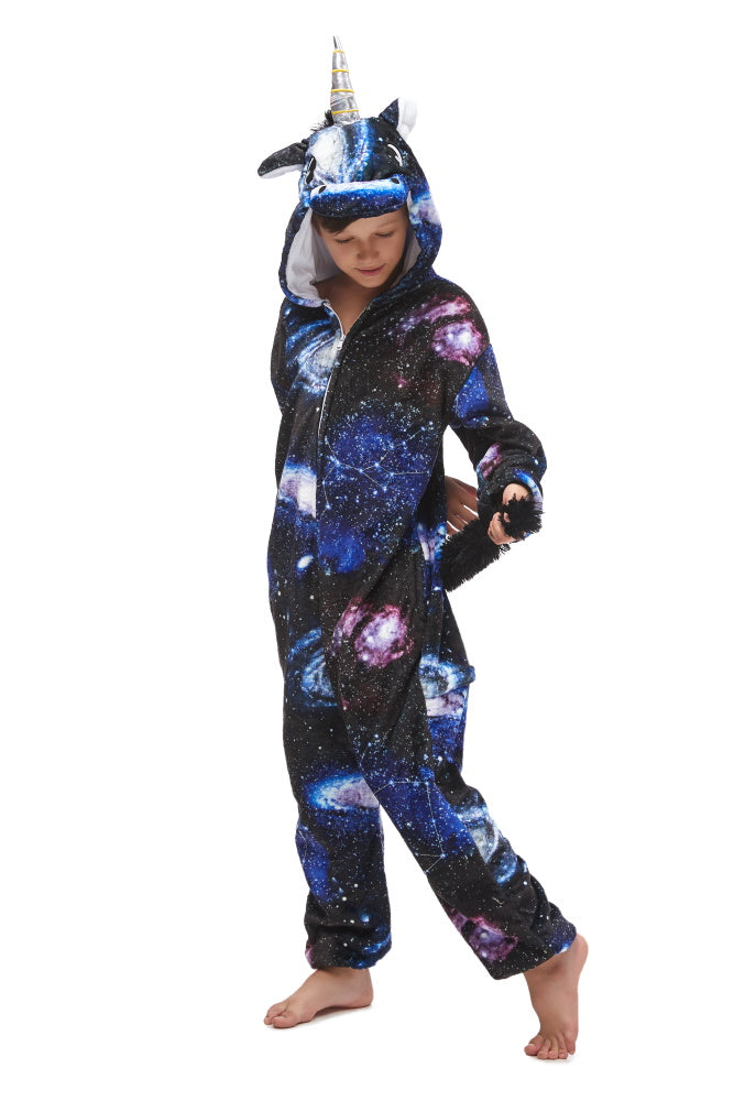 Pigiama pigiamone animale in flanella intero UNICORNO GALASSIA, pigiama invernale, costume carnevale cosplay unisex adulto bimbo