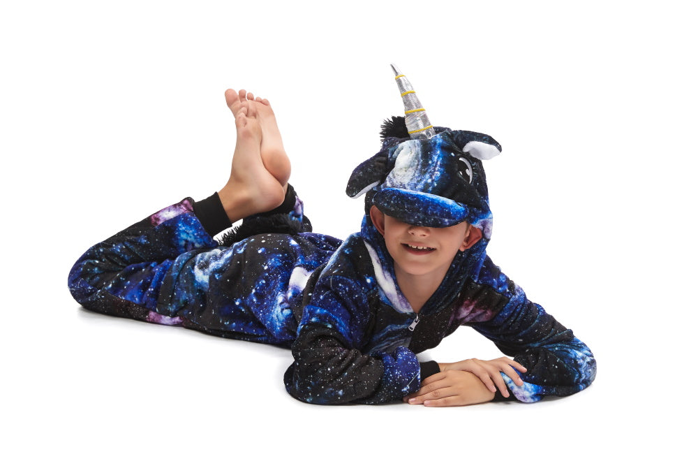 Pigiama pigiamone animale in flanella intero UNICORNO GALASSIA, pigiama invernale, costume carnevale cosplay unisex adulto bimbo