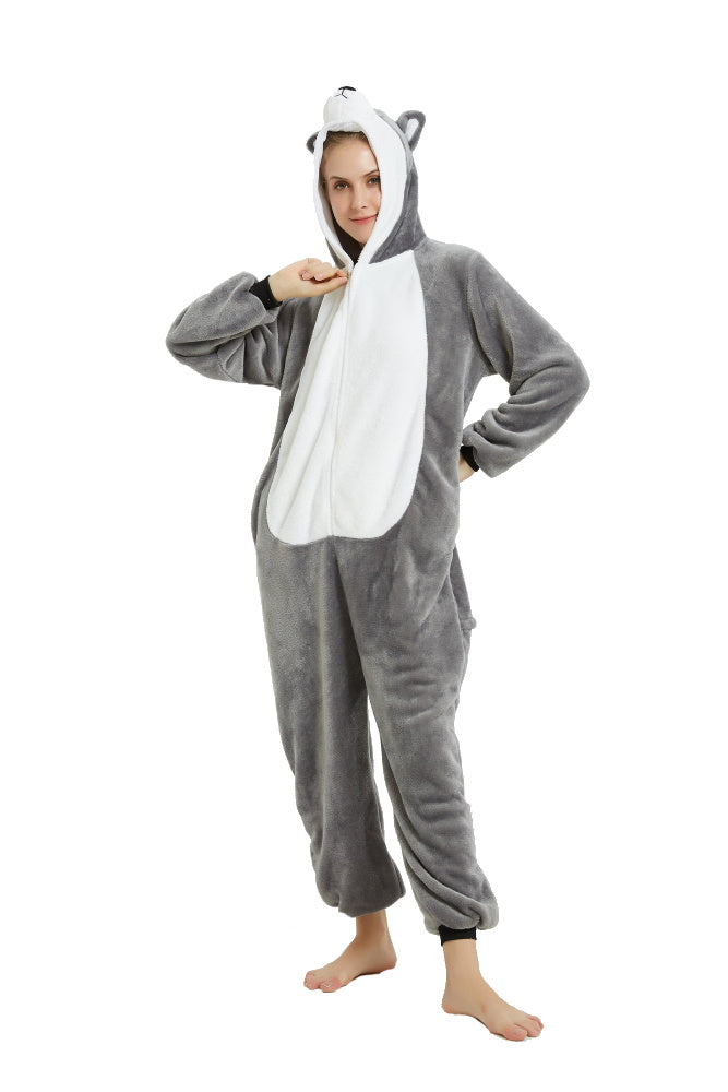 Pigiama pigiamone animale in flanella intero HUSKY GRIGIO, pigiama invernale, costume carnevale cosplay adulto bambino