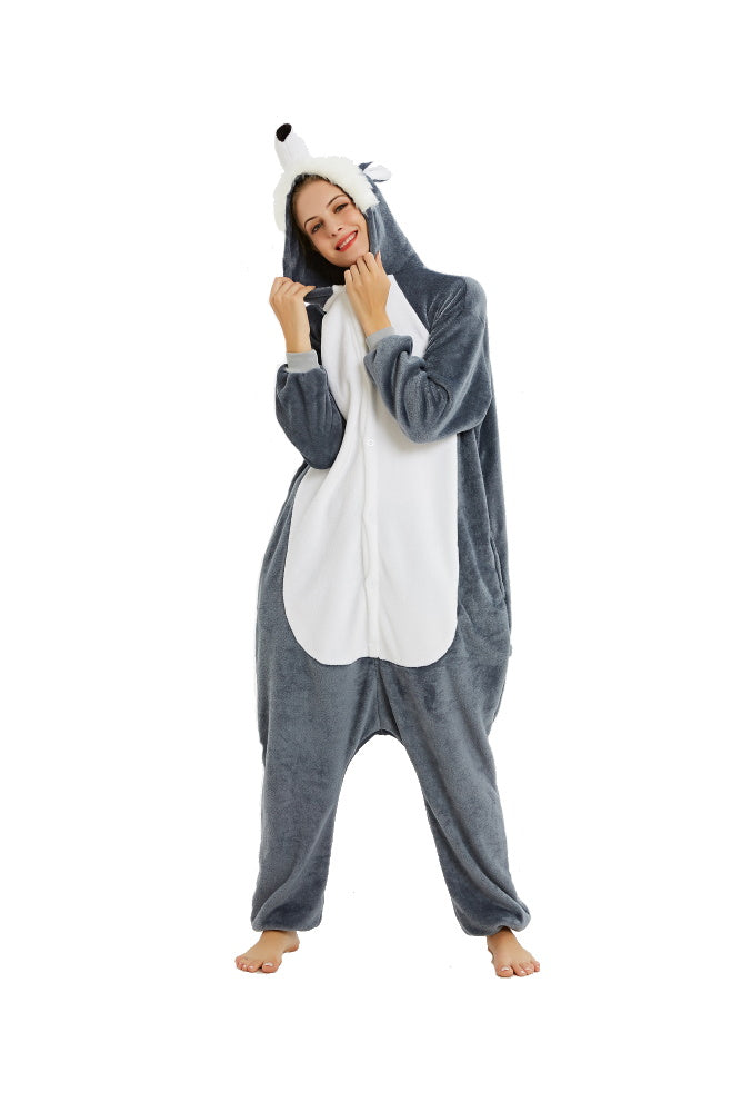 Pigiama animale intero LUPO GRIGIO, pigiamone invernale in flanella, costume carnevale cosplay, unisex adulto e bambino