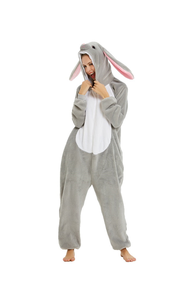 Pigiama pigiamone animale in flanella intero CONIGLIO GRIGIO, pigiama invernale, costume carnevale cosplay unisex adulto bambino