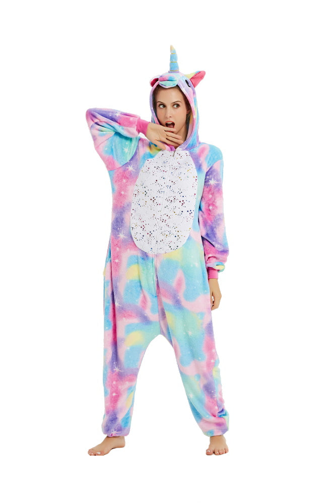 Pigiama animale intero UNICORNO AZZURRO, pigiamone invernale in flanella, costume carnevale cosplay unisex adulto bimbo