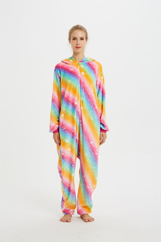 Pigiama animale intero UNICORNO ARCOBALENO, pigiamone invernale in flanella, carnevale cosplay unisex adulto bambino