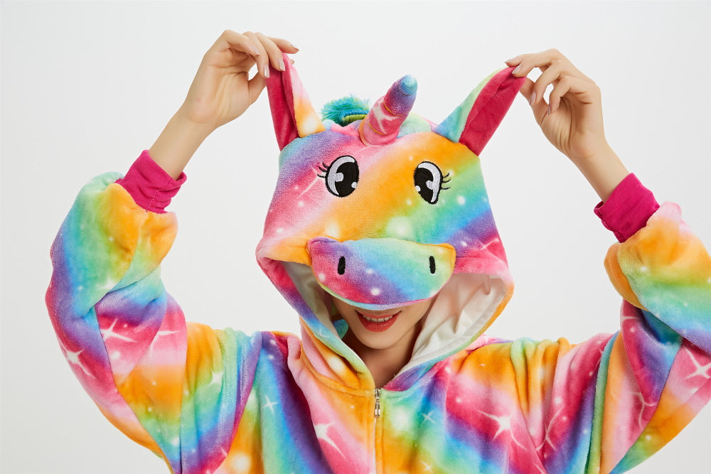 Pigiama animale intero UNICORNO ARCOBALENO, pigiamone invernale in flanella, carnevale cosplay unisex adulto bambino