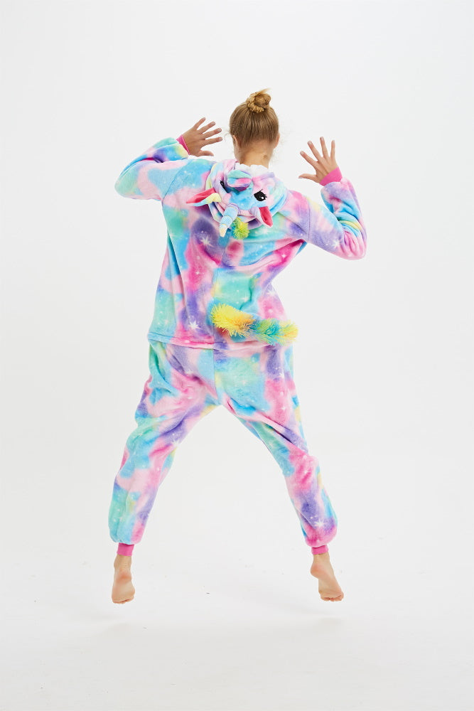Pigiama animale intero UNICORNO AZZURRO, pigiamone invernale in flanella, costume carnevale cosplay unisex adulto bimbo