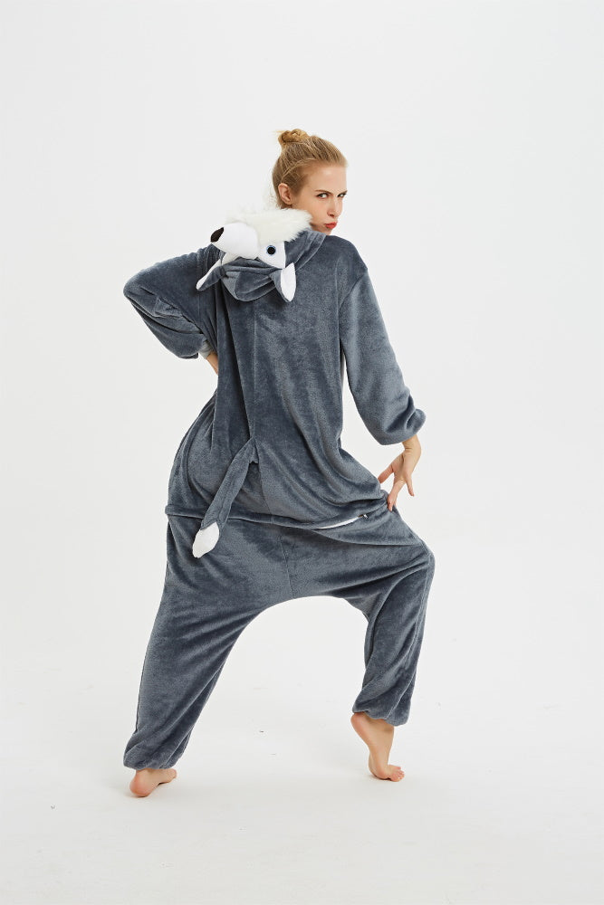 Pigiama animale intero LUPO GRIGIO, pigiamone invernale in flanella, costume carnevale cosplay, unisex adulto e bambino