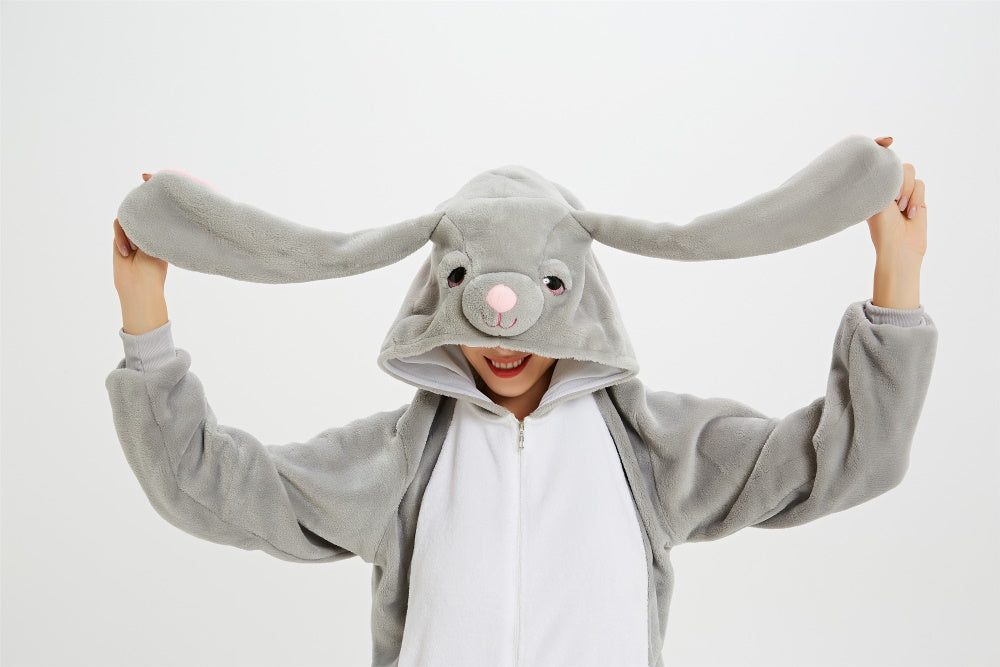 Pigiama pigiamone animale in flanella intero CONIGLIO GRIGIO, pigiama invernale, costume carnevale cosplay unisex adulto bambino