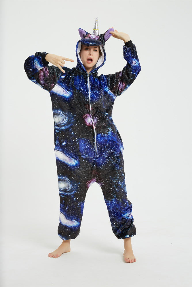 Pigiama pigiamone animale in flanella intero UNICORNO GALASSIA, pigiama invernale, costume carnevale cosplay unisex adulto bimbo