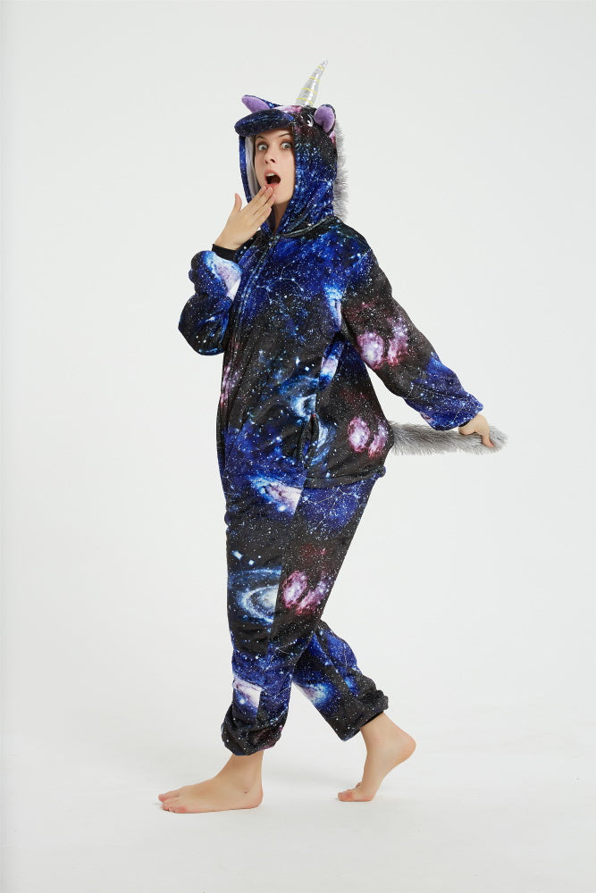 Pigiama pigiamone animale in flanella intero UNICORNO GALASSIA, pigiama invernale, costume carnevale cosplay unisex adulto bimbo