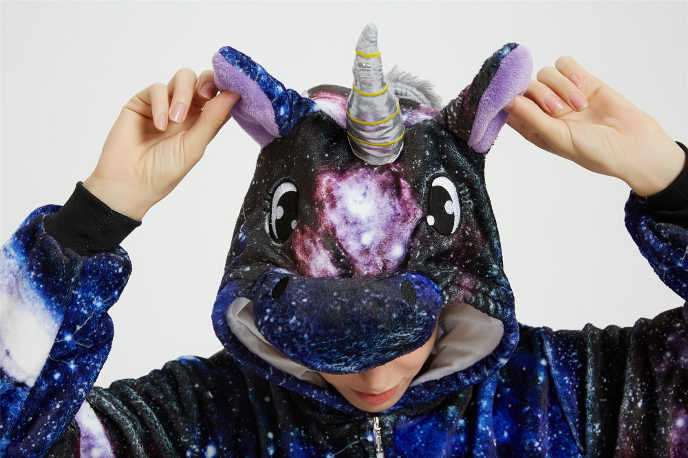 Pigiama pigiamone animale in flanella intero UNICORNO GALASSIA, pigiama invernale, costume carnevale cosplay unisex adulto bimbo