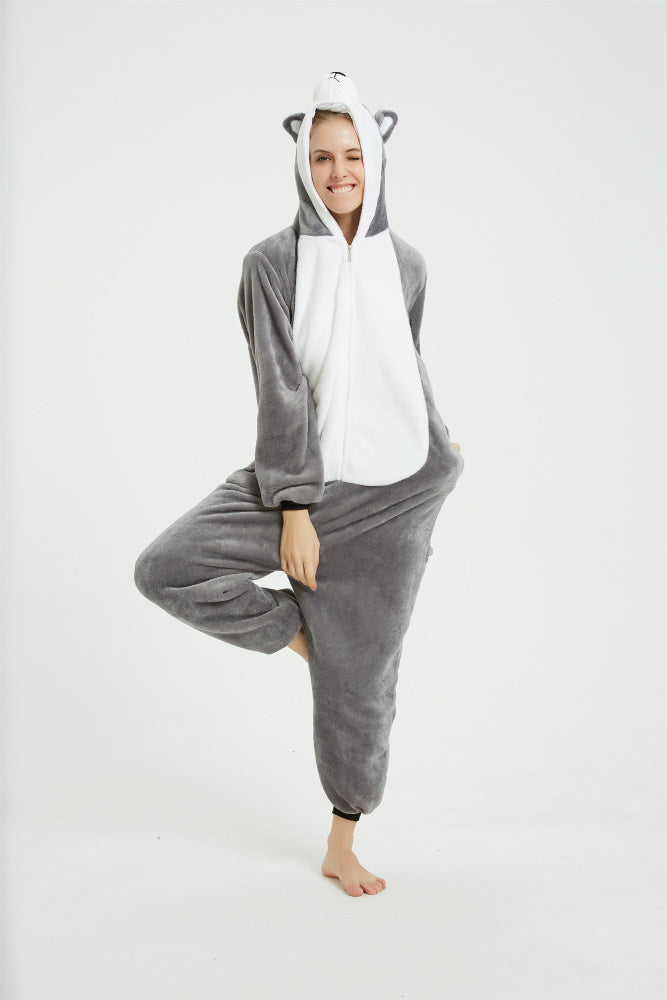 Pigiama pigiamone animale in flanella intero HUSKY GRIGIO, pigiama invernale, costume carnevale cosplay adulto bambino