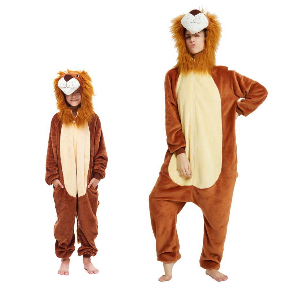 Pigiama pigiamone animale in flanella intero LEONE, pigiama animale, costume carnevale cosplay, unisex adulto e bambino