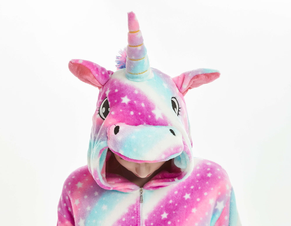 Pigiama animale intero UNICORNO FUCSIA, pigiamone invernale in flanella, costume carnevale cosplay unisex adulto bambino