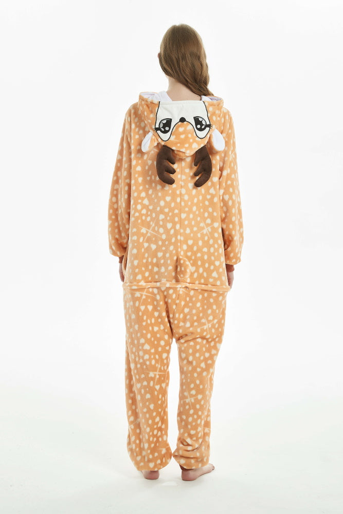 Pigiama animale intero CERBIATTO, pigiamone invernale in pile, costume carnevale cosplay, unisex adulto e bambino