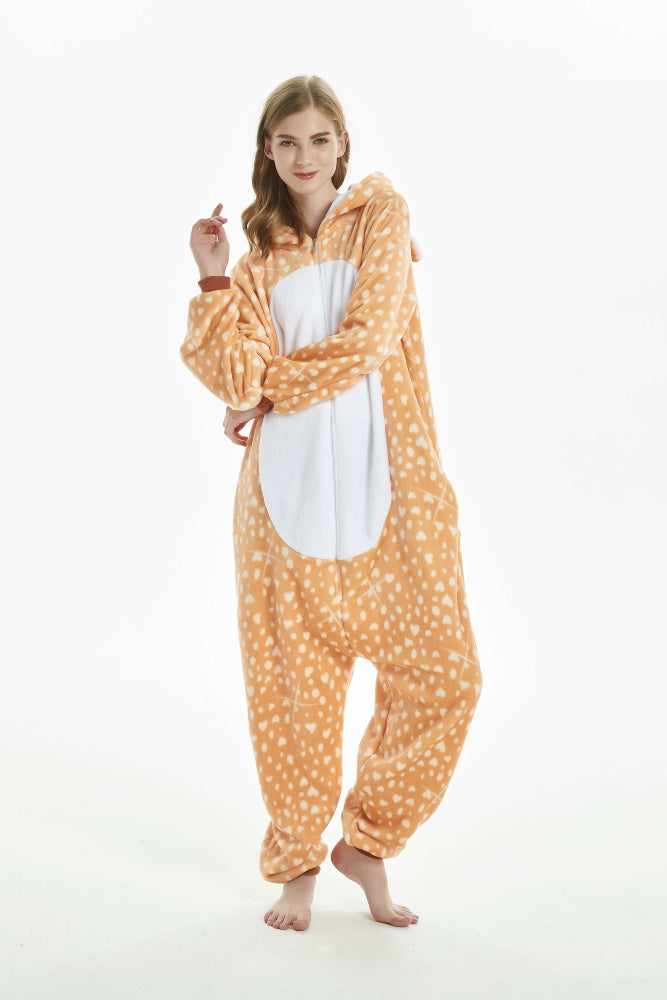 Pigiama animale intero CERBIATTO, pigiamone invernale in pile, costume carnevale cosplay, unisex adulto e bambino
