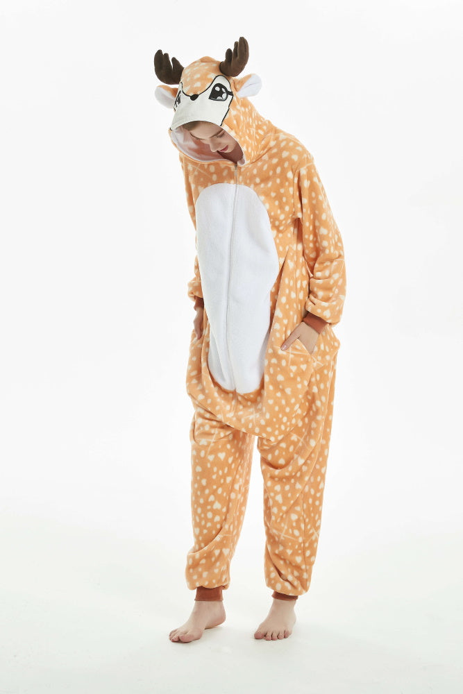 Pigiama animale intero CERBIATTO, pigiamone invernale in pile, costume carnevale cosplay, unisex adulto e bambino