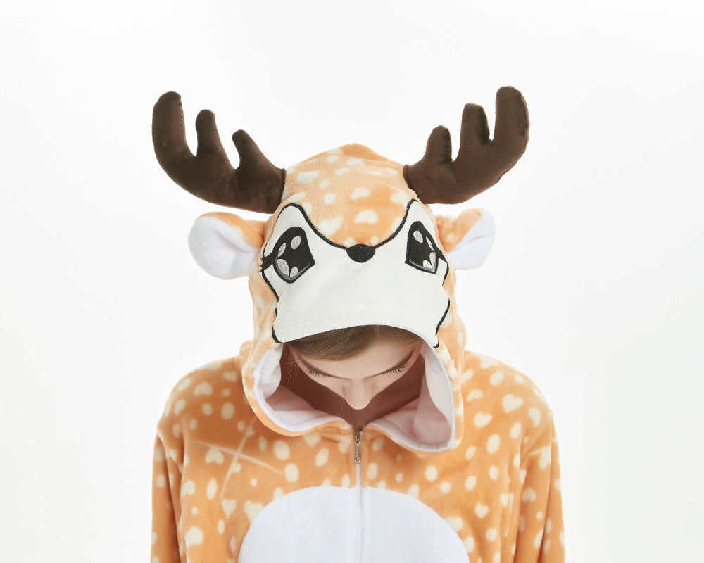 Pigiama animale intero CERBIATTO, pigiamone invernale in pile, costume carnevale cosplay, unisex adulto e bambino