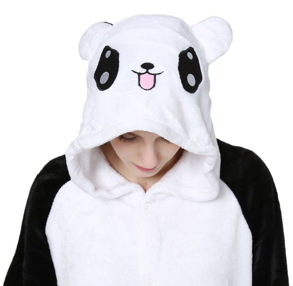 Pigiama pigiamone animale in flanella intero PANDA, pigiama invernale, costume carnevale Halloween cosplay unisex adulto e bimbo