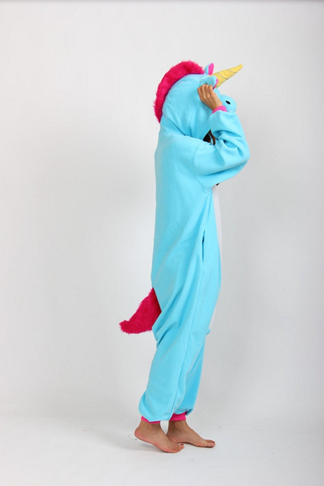 Pigiama pigiamone animale in flanella intero UNICORNO AZZURRO, pigiama invernale, costume carnevale cosplay unisex adulto bimbo