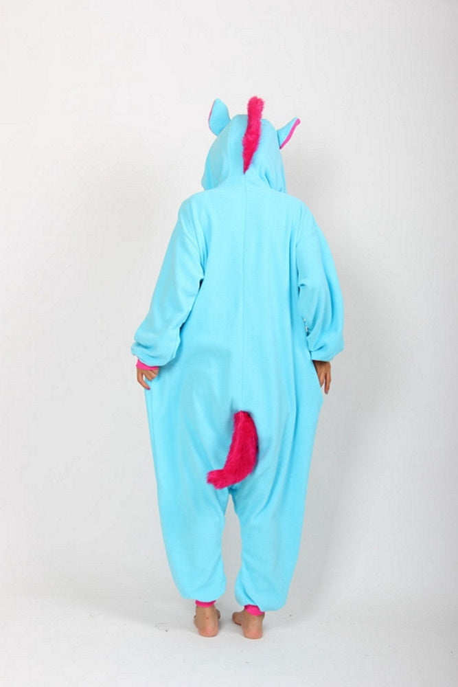 Pigiama pigiamone animale in flanella intero UNICORNO AZZURRO, pigiama invernale, costume carnevale cosplay unisex adulto bimbo