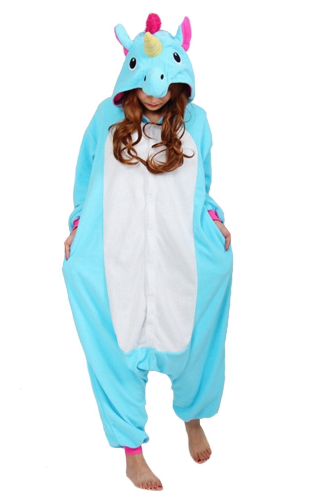 Pigiama pigiamone animale in flanella intero UNICORNO AZZURRO, pigiama invernale, costume carnevale cosplay unisex adulto bimbo