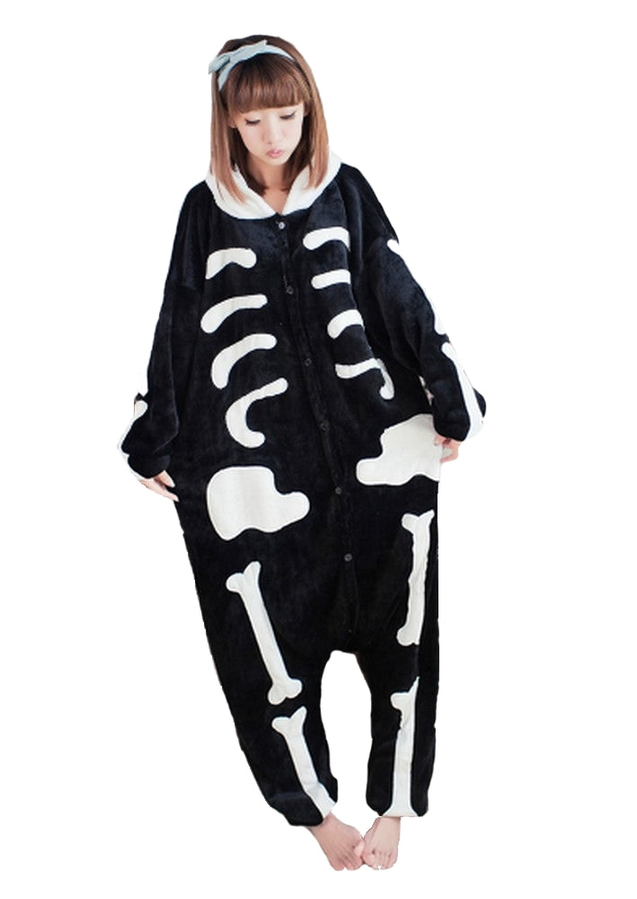 Pigiama animale intero SCHELETRO, pigiamone invernale in flanella, costume carnevale cosplay, unisex adulto e bambino