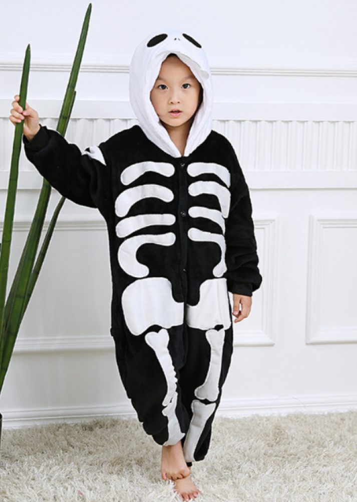 Pigiama animale intero SCHELETRO, pigiamone invernale in flanella, costume carnevale cosplay, unisex adulto e bambino