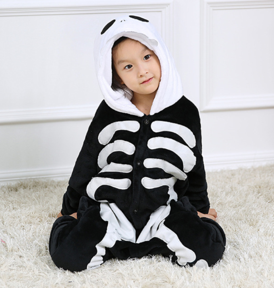 Pigiama animale intero SCHELETRO, pigiamone invernale in flanella, costume carnevale cosplay, unisex adulto e bambino