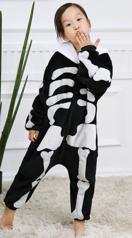Pigiama animale intero SCHELETRO, pigiamone invernale in flanella, costume carnevale cosplay, unisex adulto e bambino