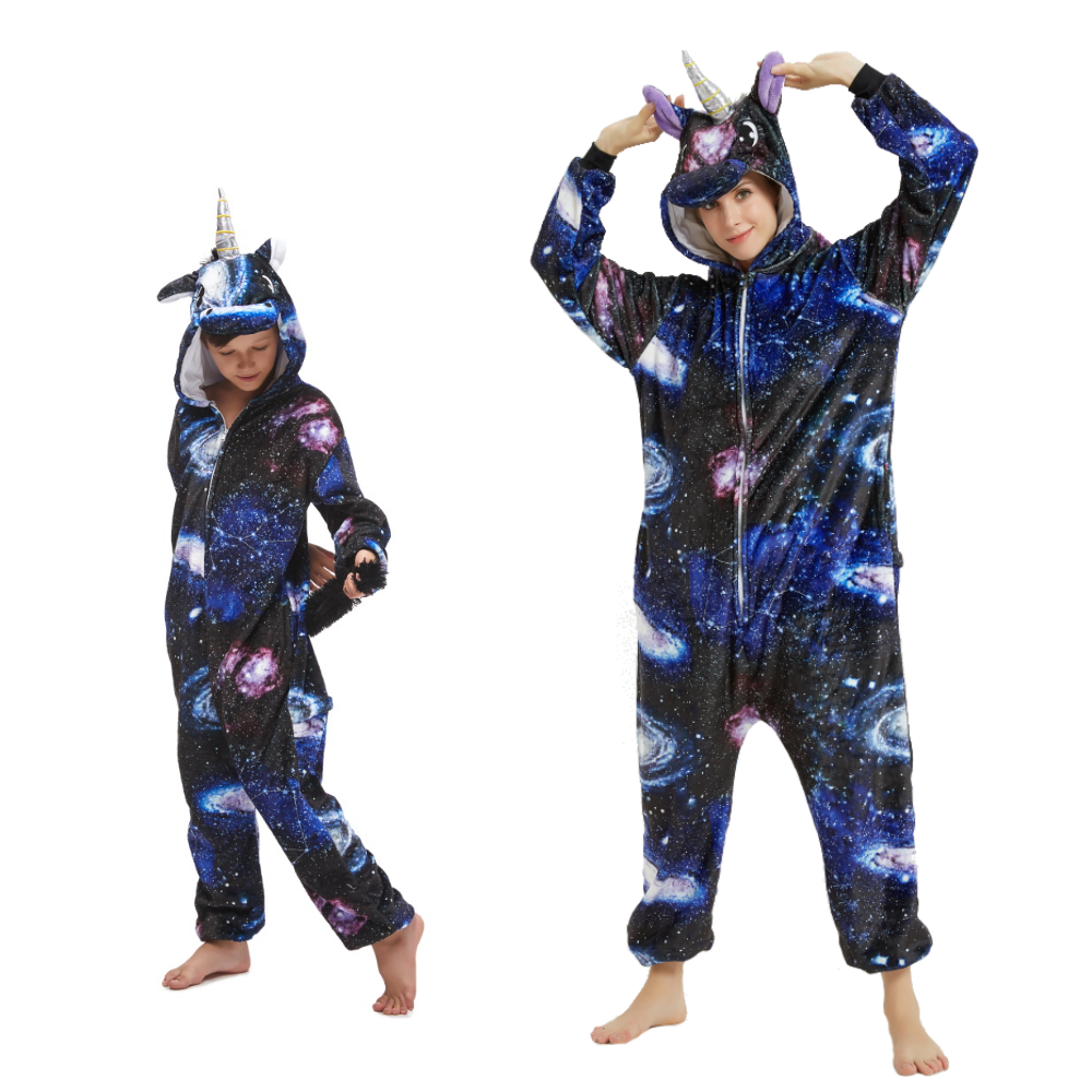 Pigiama pigiamone animale in flanella intero UNICORNO GALASSIA, pigiama invernale, costume carnevale cosplay unisex adulto bimbo