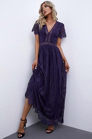 Maxi Dress Abito Elegante Cerimonia Donna Damigella Vestito Lungo Scollo a v Maniche Corte