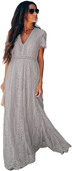 Maxi Dress Abito Elegante Cerimonia Donna Damigella Vestito Lungo Scollo a v Maniche Corte