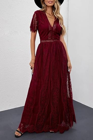 Maxi Dress Abito Elegante Cerimonia Donna Damigella Vestito Lungo Scollo a v Maniche Corte