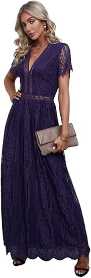 Maxi Dress Abito Elegante Cerimonia Donna Damigella Vestito Lungo Scollo a v Maniche Corte