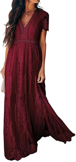 Maxi Dress Abito Elegante Cerimonia Donna Damigella Vestito Lungo Scollo a v Maniche Corte