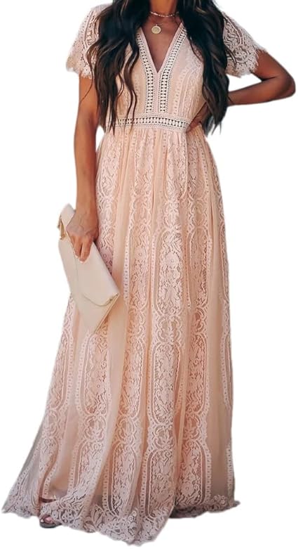 Maxi Dress Abito Elegante Cerimonia Donna Damigella Vestito Lungo Scollo a v Maniche Corte