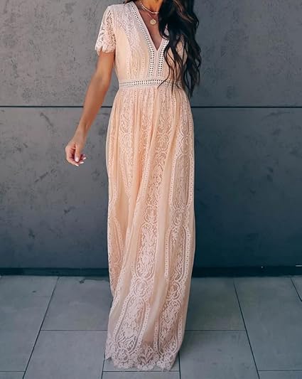 Maxi Dress Abito Elegante Cerimonia Donna Damigella Vestito Lungo Scollo a v Maniche Corte