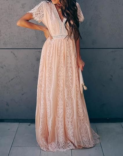 Maxi Dress Abito Elegante Cerimonia Donna Damigella Vestito Lungo Scollo a v Maniche Corte