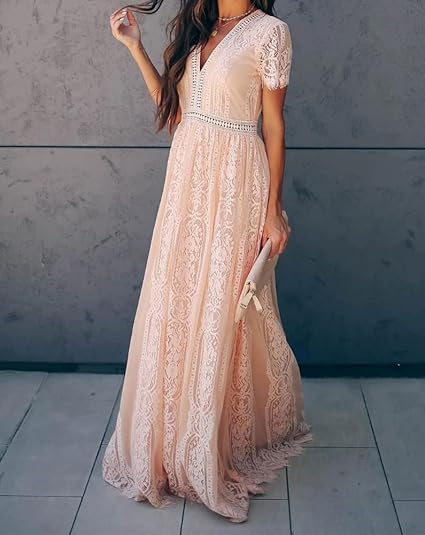 Maxi Dress Abito Elegante Cerimonia Donna Damigella Vestito Lungo Scollo a v Maniche Corte