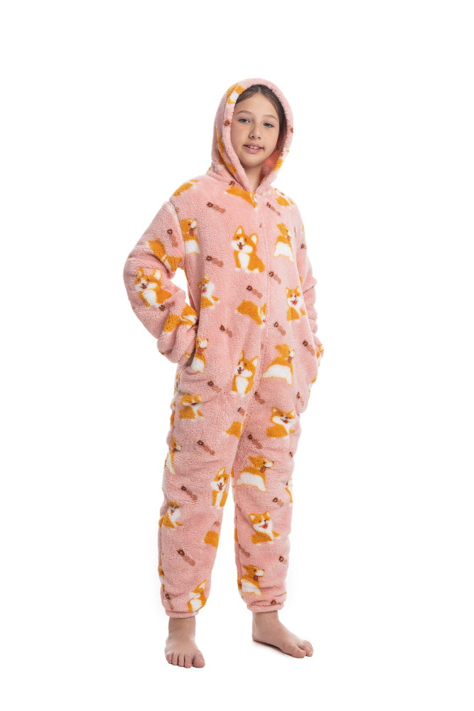 Pigiama animale intero CORGI, pigiamone invernale in pile, costume carnevale Halloween cosplay, unisex bambino e adulto