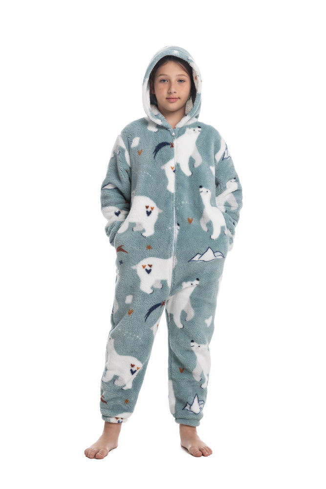 Pigiama animale intero ORSO BIANCO, pigiamone invernale in pile, costume carnevale Halloween cosplay, unisex bambino e adulto