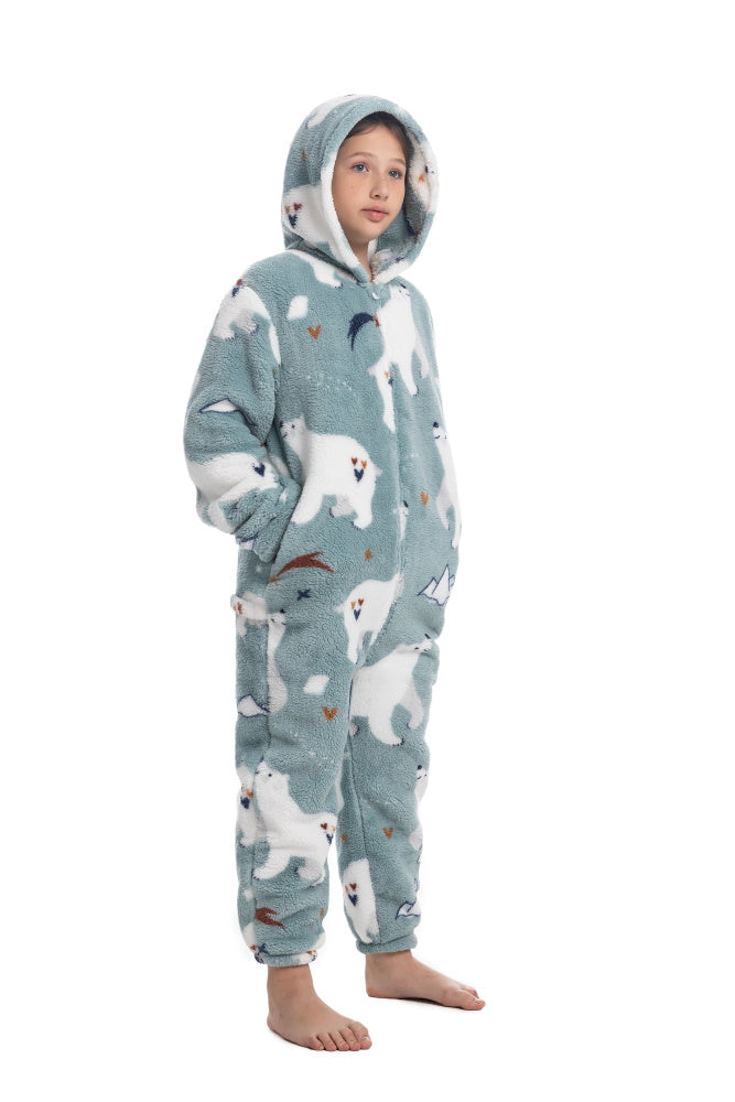 Pigiama animale intero ORSO BIANCO, pigiamone invernale in pile, costume carnevale Halloween cosplay, unisex bambino e adulto