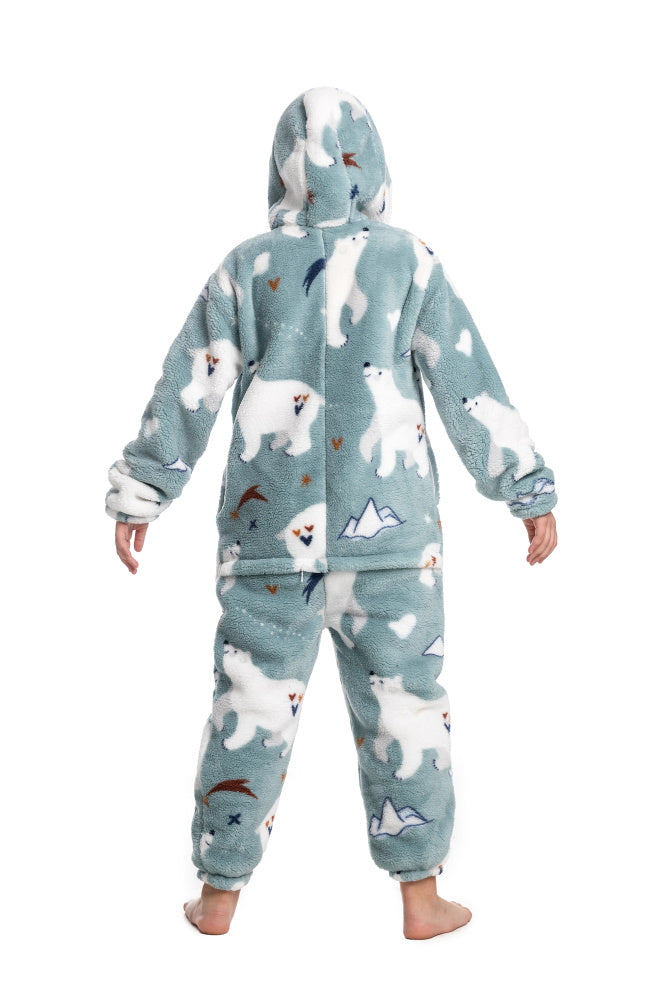 Pigiama animale intero ORSO BIANCO, pigiamone invernale in pile, costume carnevale Halloween cosplay, unisex bambino e adulto