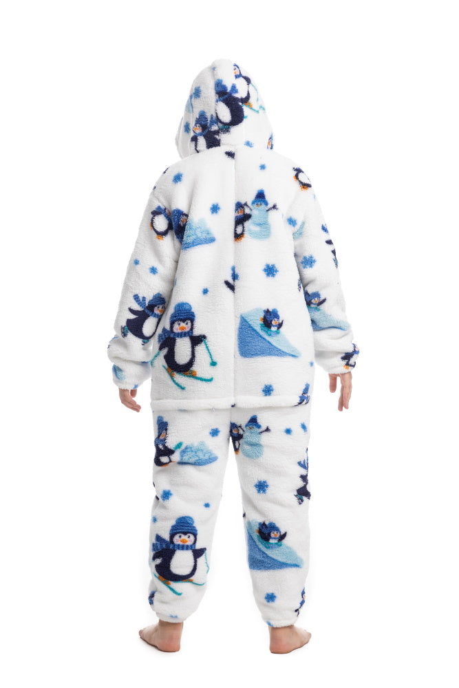 Pigiama animale intero PINGUINO, pigiamone invernale in pile, costume carnevale Halloween cosplay, unisex bambino e adulto