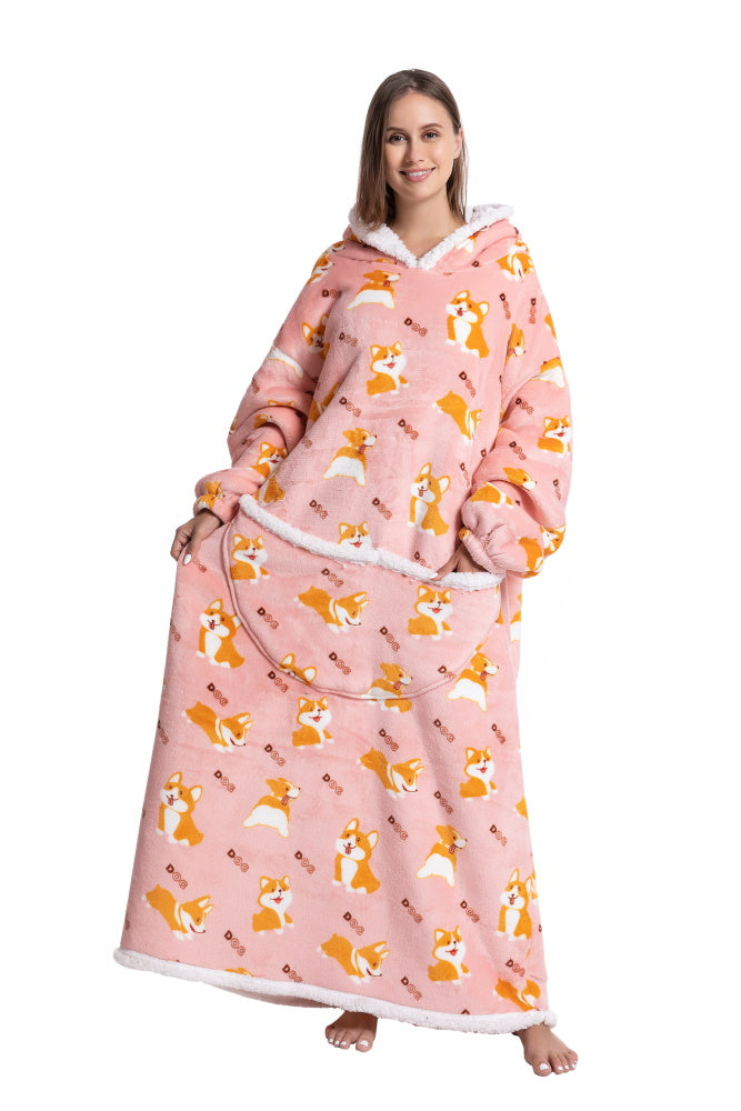 Poncho CORGI lungo unisex in flanella con cappuccio e maniche lunghe, plaid indossabile caldo e morbido