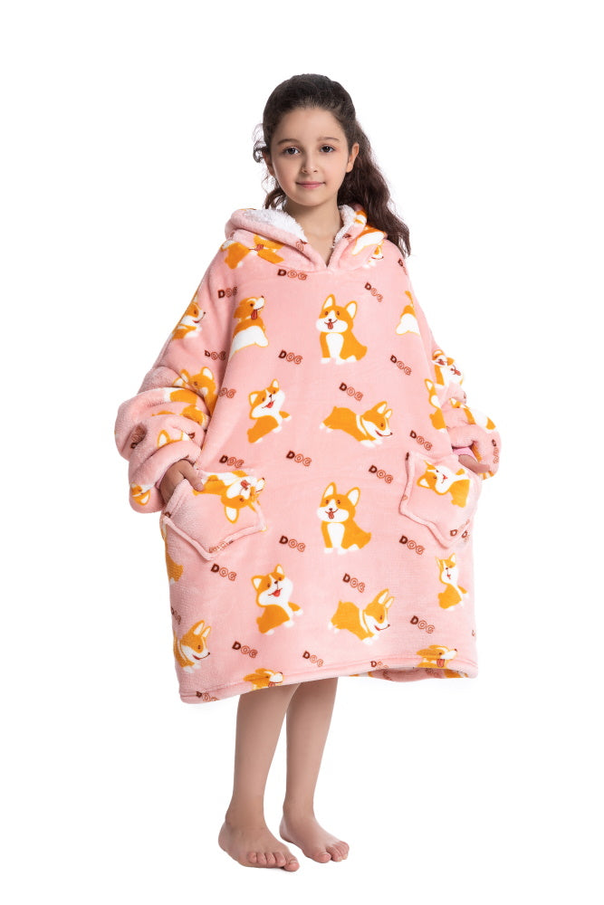 Poncho CORGI lungo unisex in flanella con cappuccio e maniche lunghe, plaid indossabile caldo e morbido