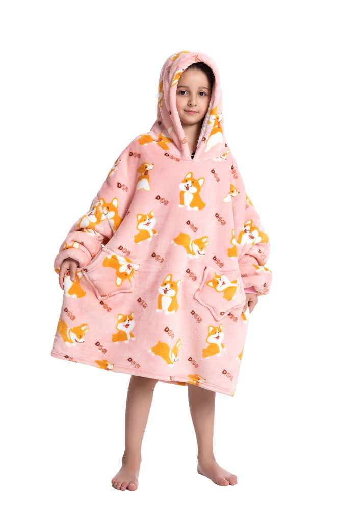 Poncho CORGI lungo unisex in flanella con cappuccio e maniche lunghe, plaid indossabile caldo e morbido