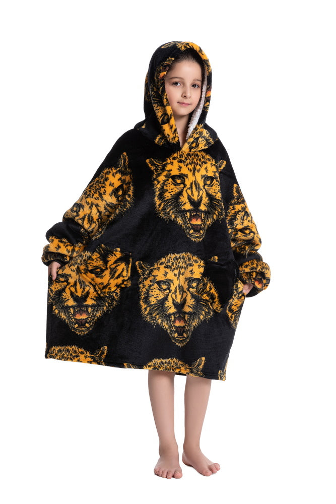 Poncho TESTA TIGRE lungo unisex in flanella con cappuccio e maniche lunghe, plaid indossabile caldo e morbido