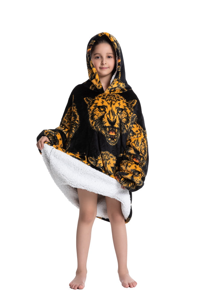 Poncho TESTA TIGRE lungo unisex in flanella con cappuccio e maniche lunghe, plaid indossabile caldo e morbido